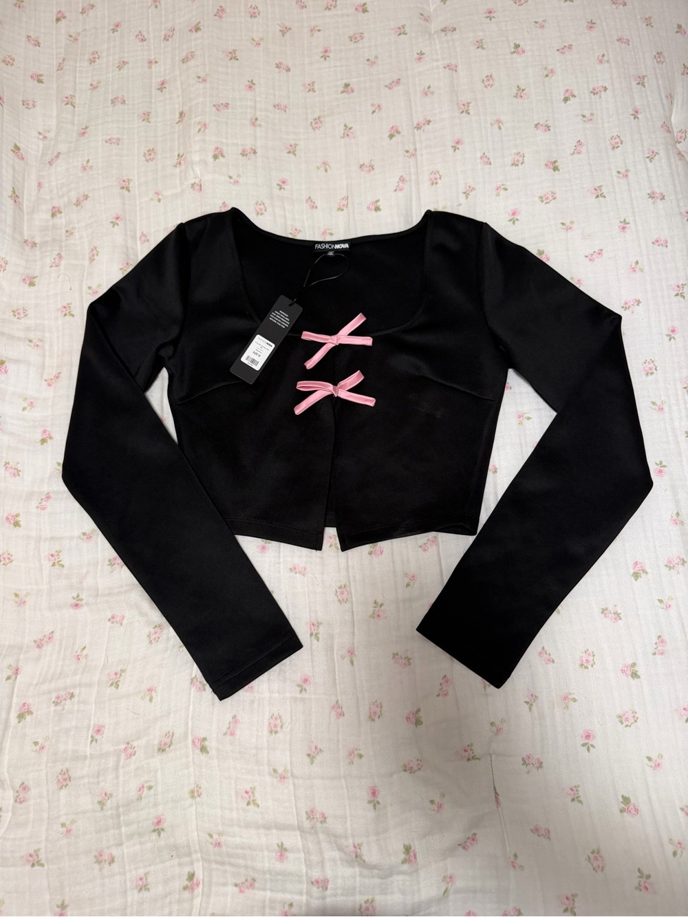 NWT Fashion Nova Black Crop Top with Pink Bow Accents